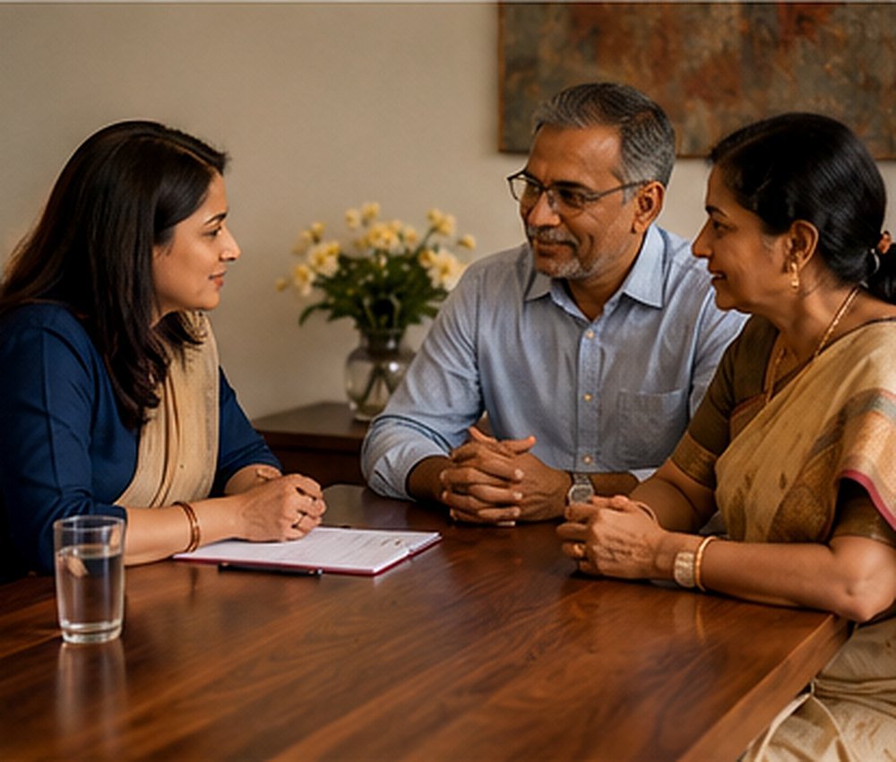 A consultant listening carefully during a private family conversation.