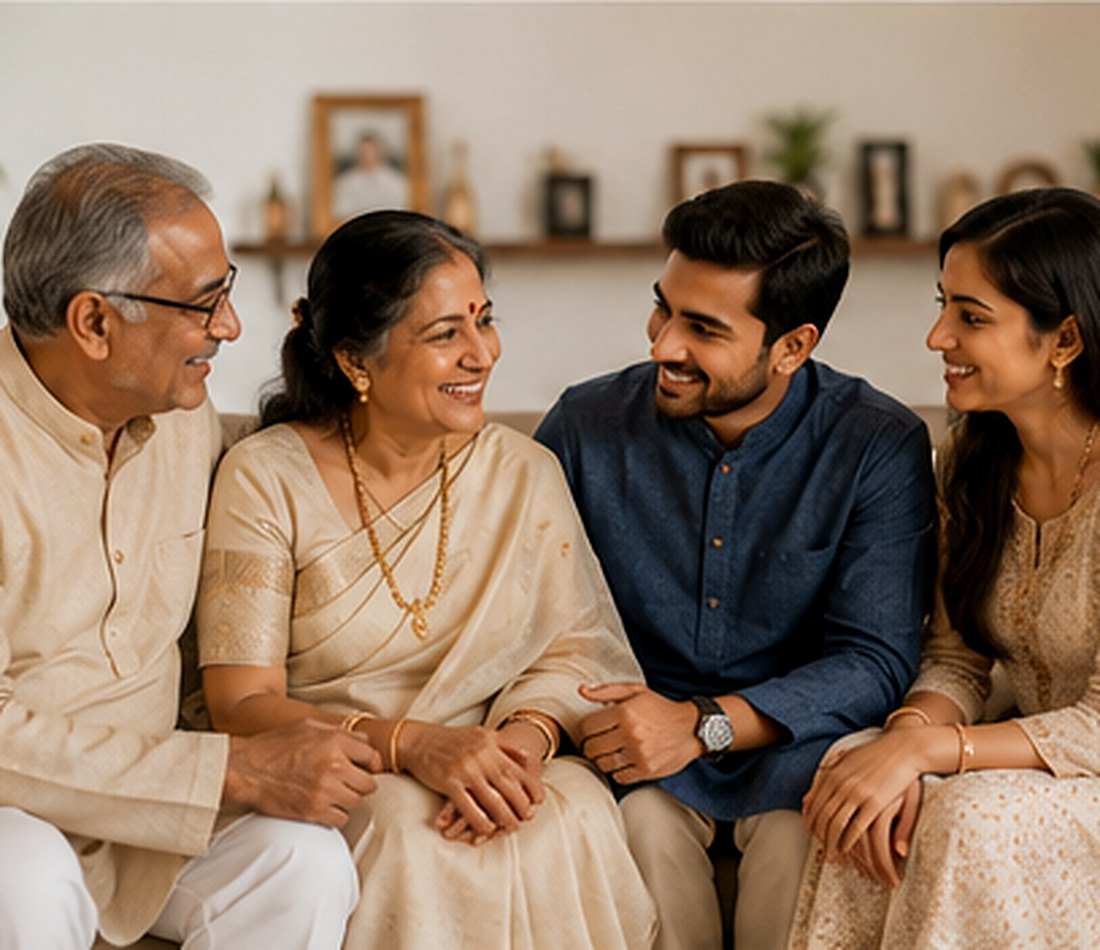 An Indian family sharing a warm conversation about a possible match.